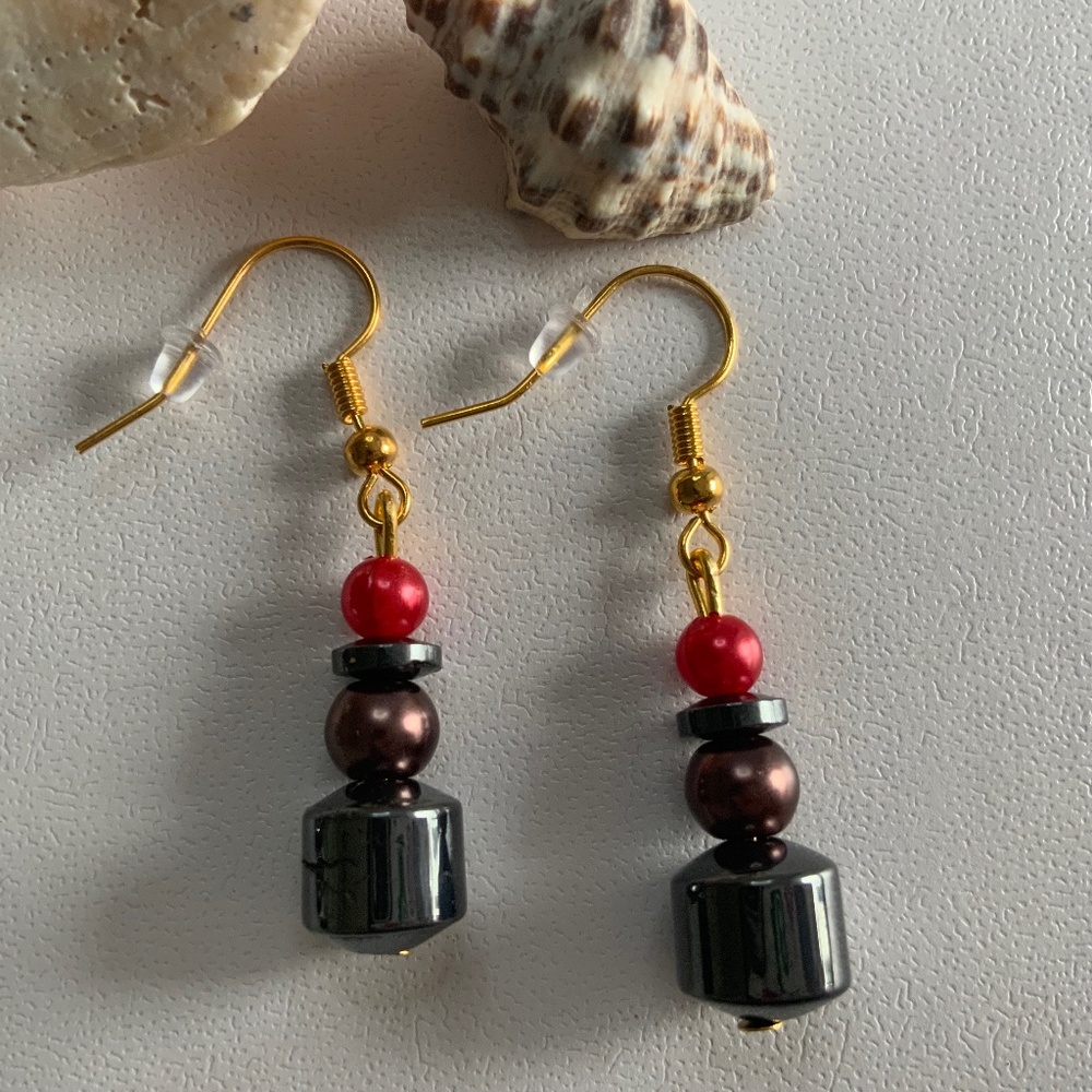 New Handcrafted Hematite and Red/Brown Faux Pearl Beaded Dangle/Drop Earrings